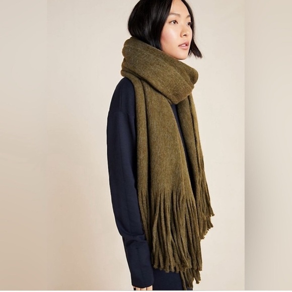 Anthropologie Accessories - Anthropologie Oversized Blanket Scarf Olive Green with Fringe